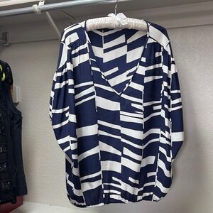 Trina Turk Navy and Cream Zigzag Blouse